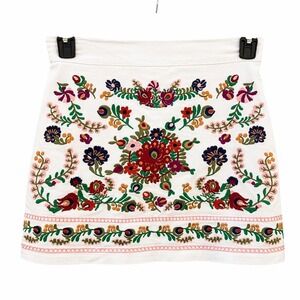 Womens Medium Mini Skirt White Floral Embroidered Boho Colorful Festival Folk